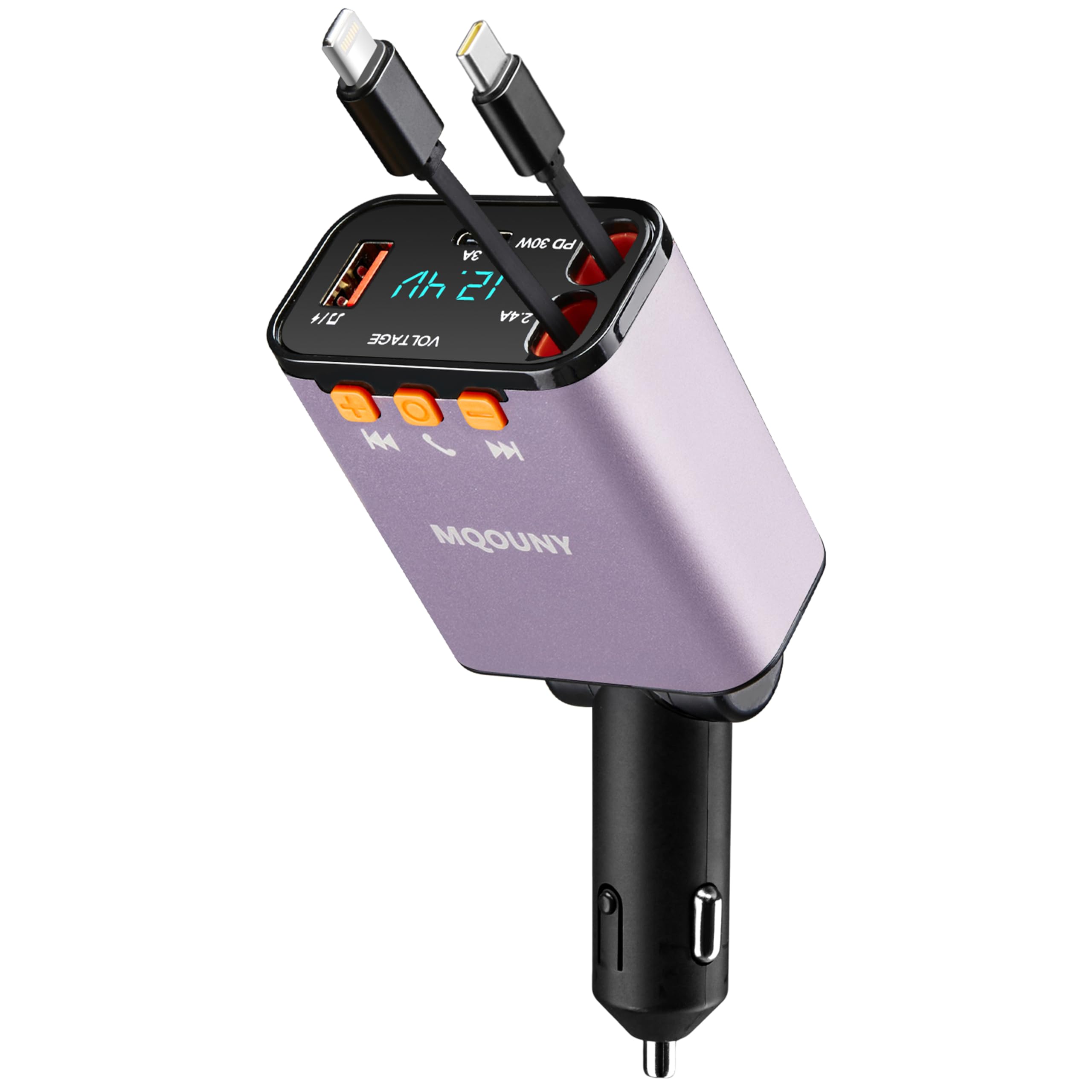 Retractable Car Charger,5 in 1 Fast Cars Phone Charger 60w,Bluetooth 5.3 FM Transmitter Adapter,Handsfree Call,MP3 Player,2 Retractable Cables and USB Chargers, for Phone,Galaxy,Pixel (Purple)