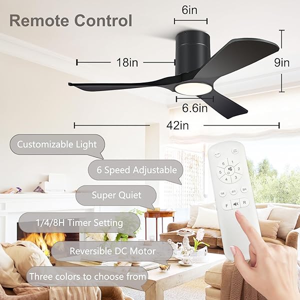 XBIBI 42 INCH FLUSH MOUNT CEILING FANS WITH LIGHTS, MODERN LOW PROFILE CEILING FAN WITH LIGHT AND REMOTE CONTROL, REVERSIBLE, NOISELESS, BLACK CEILING FAN FOR OUTDOOR INDOOR