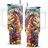 Uibunoo Horse Gifts, 40 Oz Horse Tumbler with Handle & Straw, Animal Tumbler, Birthday Gift for Animal Lovers Women Men, Stainless Steel Butterfly Cup, Gifts for Thanksgiving Christmas, 1 PCS