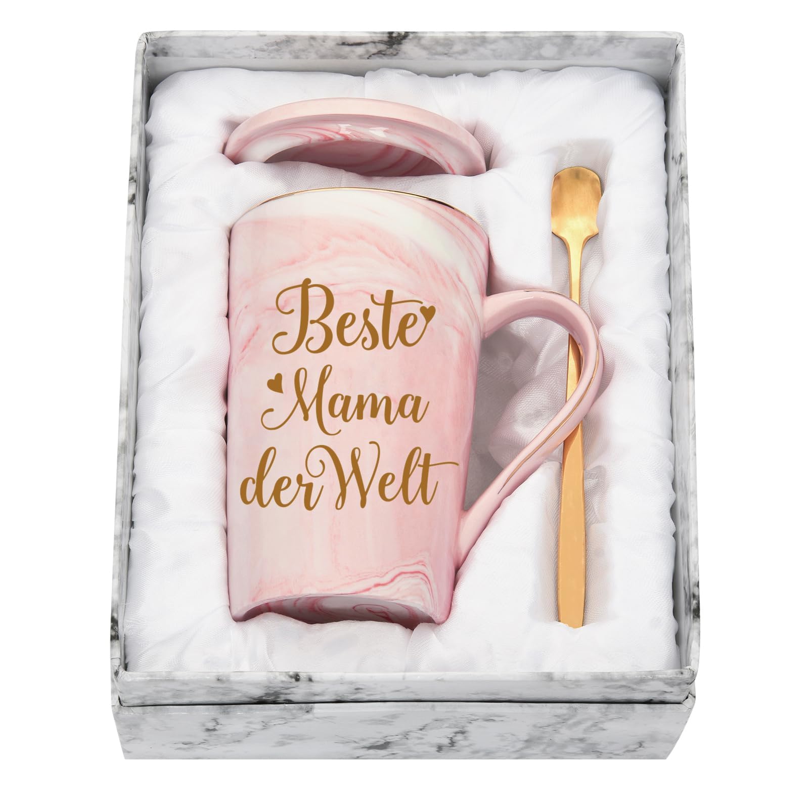 Diztoud Christmas Gifts for Mum, Mother Gift Christmas, Best Mum in the World Mug, Gift for Mothers, Birthday Gift, 400 ml Pink Ceramic Marble Mug with Lid, Spoon, Gift Box