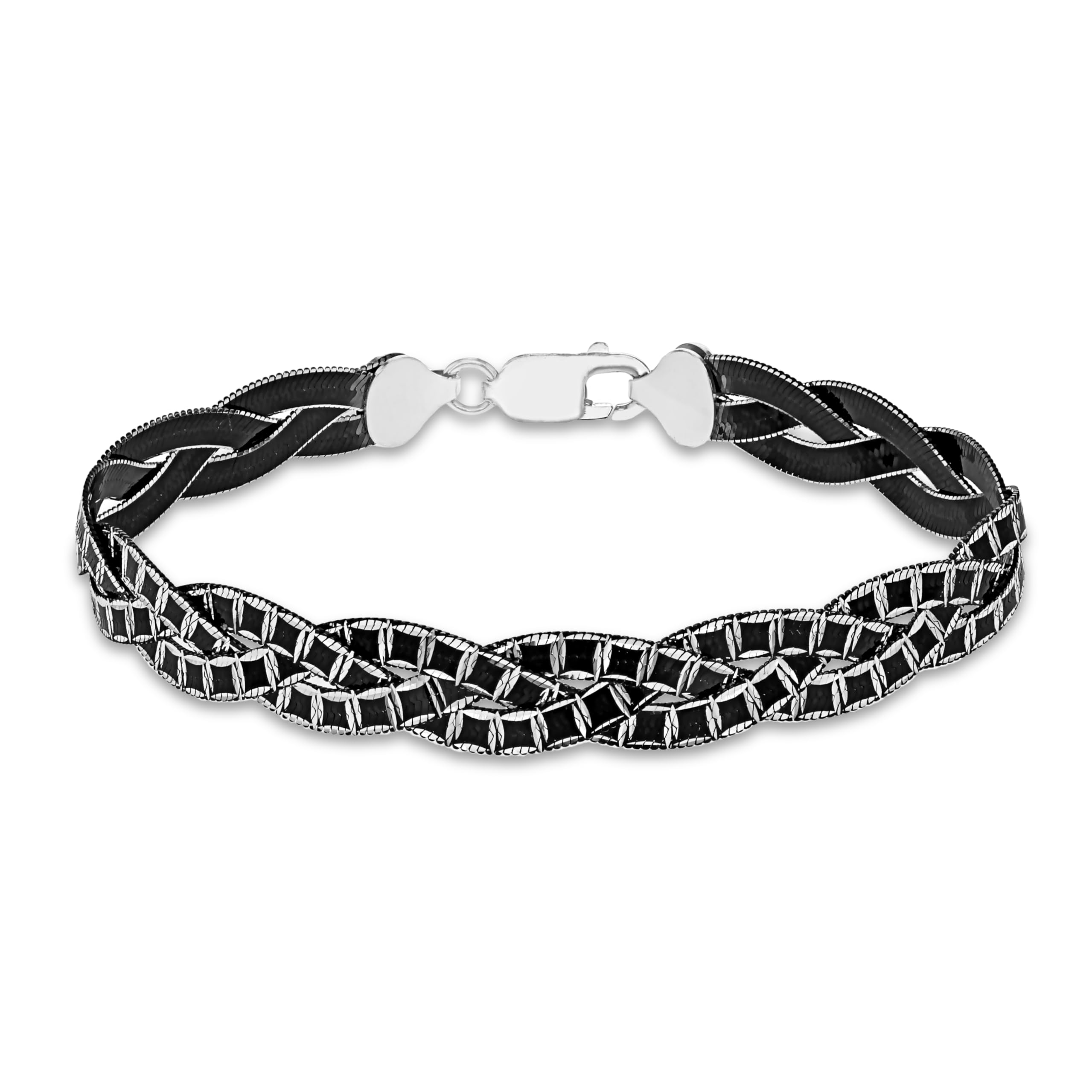 Tuscany Silver Sterling Silver Men's Black 3 Plait Cubes Herringbone Bracelet of Length 19cm