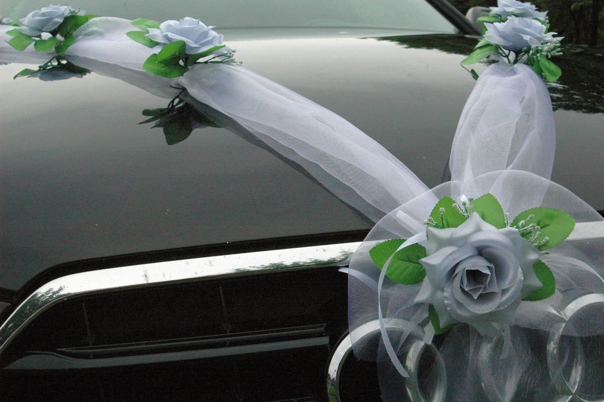 Autoschmuck Organza M Auto Schmuck Braut Paar Rose Deko Dekoration Hochzeit Car Auto Wedding Deko Girlande PKW (Silber/Weiß)
