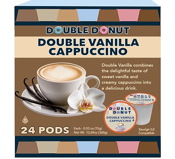 DOUBLE DONUT COFFEE DOUBLE VANILLA CAPPUCCINO PODS, 24 SINGLE SERVE CUPS FOR KEURIG K CUP BREWERS IN RECYCLABLE PODS