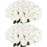 Rowfad 60 Pcs Artificial Roses Bulk Velvet Silk White Roses White Roses for Wedding Centerpieces Bridal Bouquet Mohter's Day Valentine's Day Home Decor (60, White)