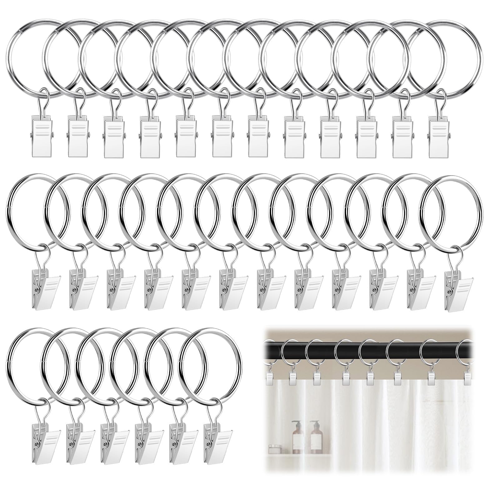 ALLisWE 30PCS 32mm Metal Curtain Rings With Clips - Rustproof Shower Hanging Rings for Home Bathroom Window Pole - Decorative Photo Decors