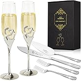 VARLKA Wedding Cake Knife and Server Set with Forks, Classical Style Champagne Flutes Toasting Glasses for Bride and Groom, Wedding Gifts for Couples, Bridal Shower Gifts