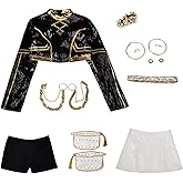 Cosfun Womens Cosplay Costume Set - Black Golden Tops Skirt Uniform Outfits