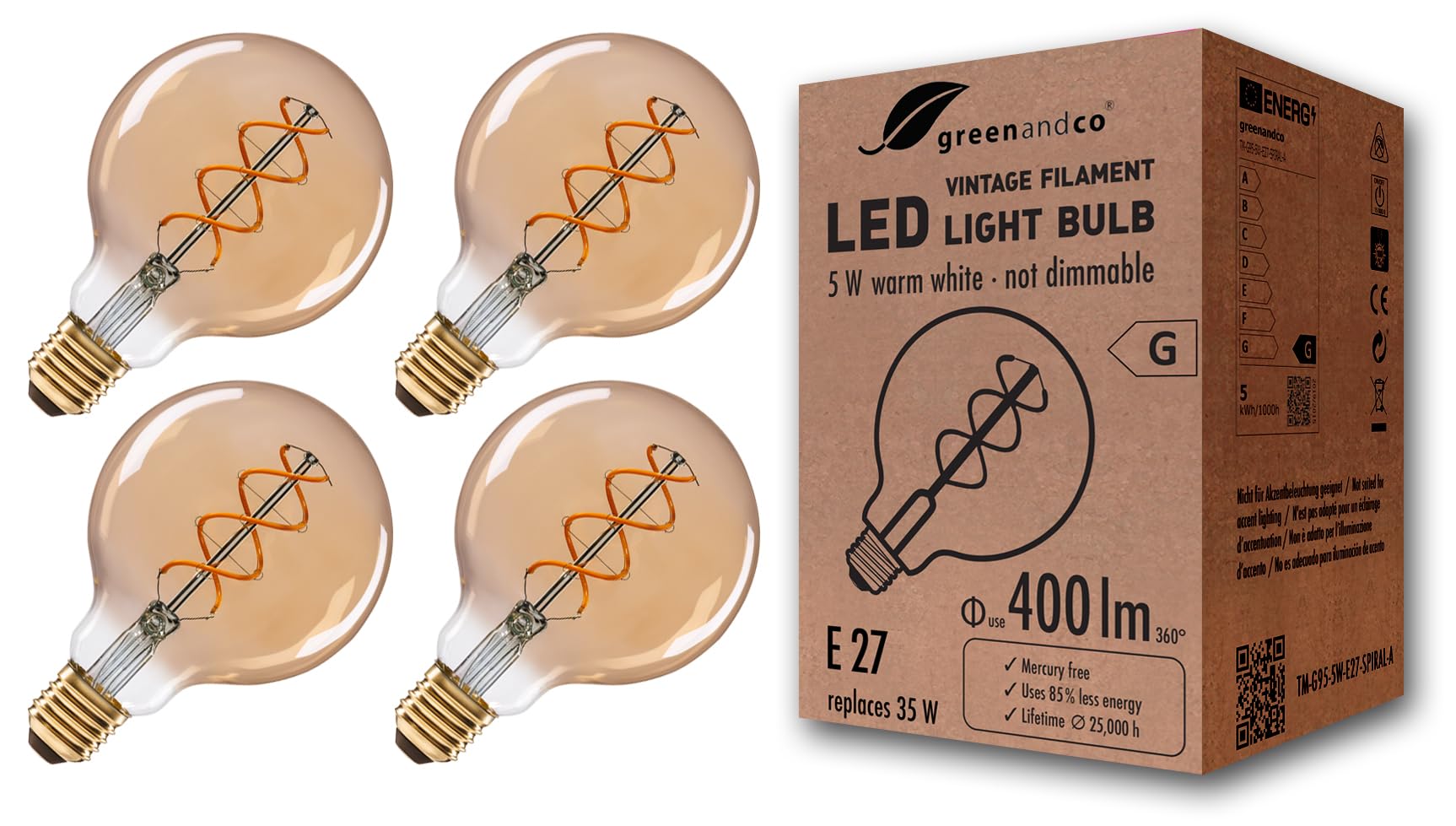 greenandco® E27 G95 LED Vintage Filament Bulb 5W Replaces 35W 400lm 2000K Extra Warm White 360° 230V, no Flicker, not dimmable, 4-Pack