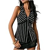 SHENHE Women's Sleeveless V Neck Striped Crop Vest Waistcoat Button Up Blazer Vest