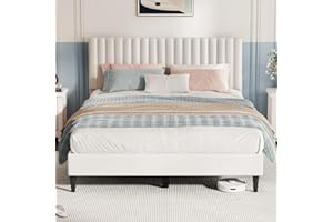Casaottima Queen Bed Frame, Velvet Upholstered Platform Bed with Headboard, Strong Wooden Slats Support, Noise-Free Mattress Foundation, No Box Spring Needed, Easy Assembly,Vertical Stripe Cream White