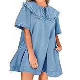 Wenrine Womens Summer Denim Mini Dress Oversized Peter Pan Collar Short Sleeve Casual Flowy Babydoll Jean Dresses
