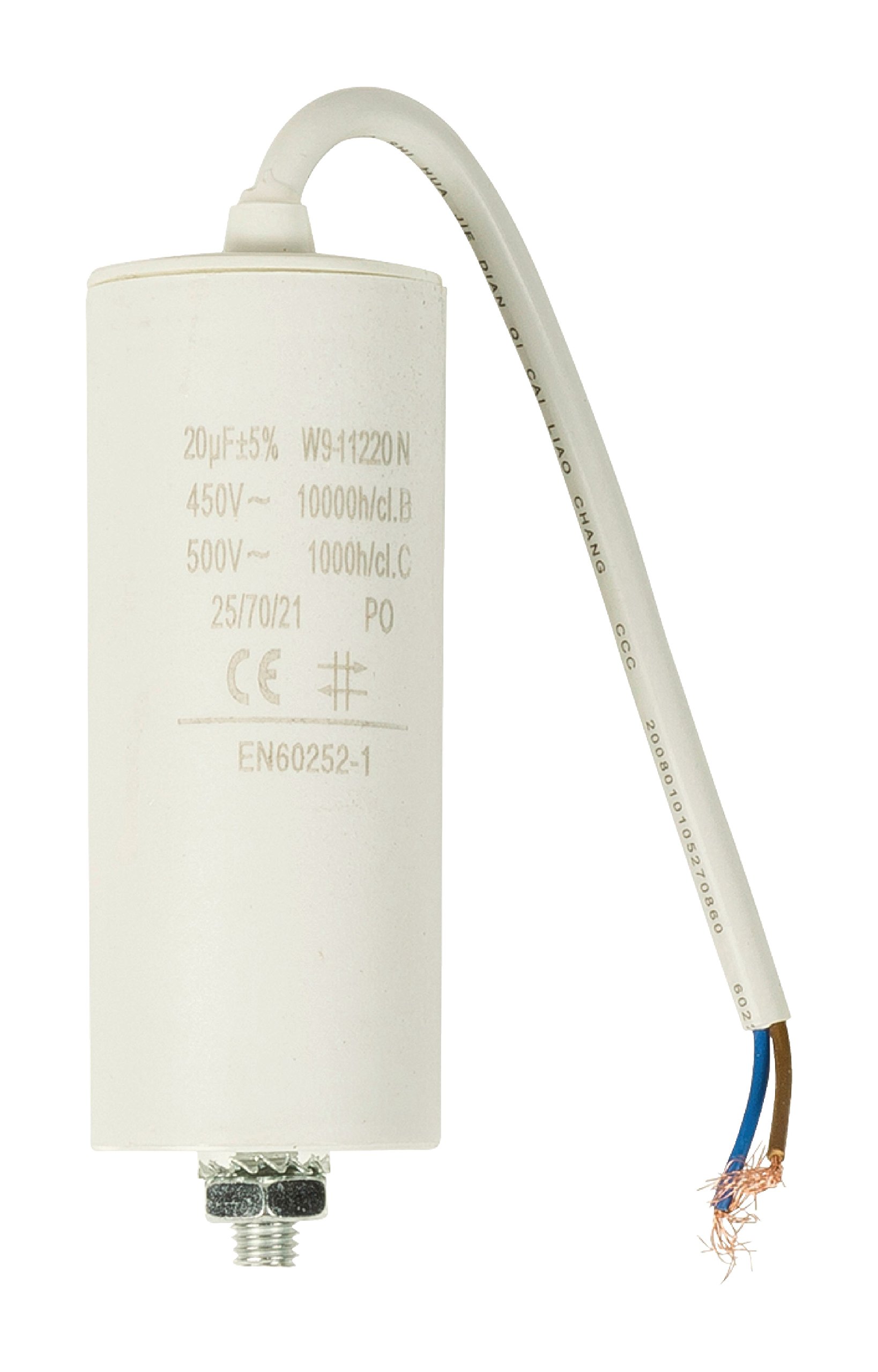 Invero Washing Machine Motor Capacitor 20.0uf - 450V Wired 250mm Cable - Dimensions: 40 x 98 mm - White