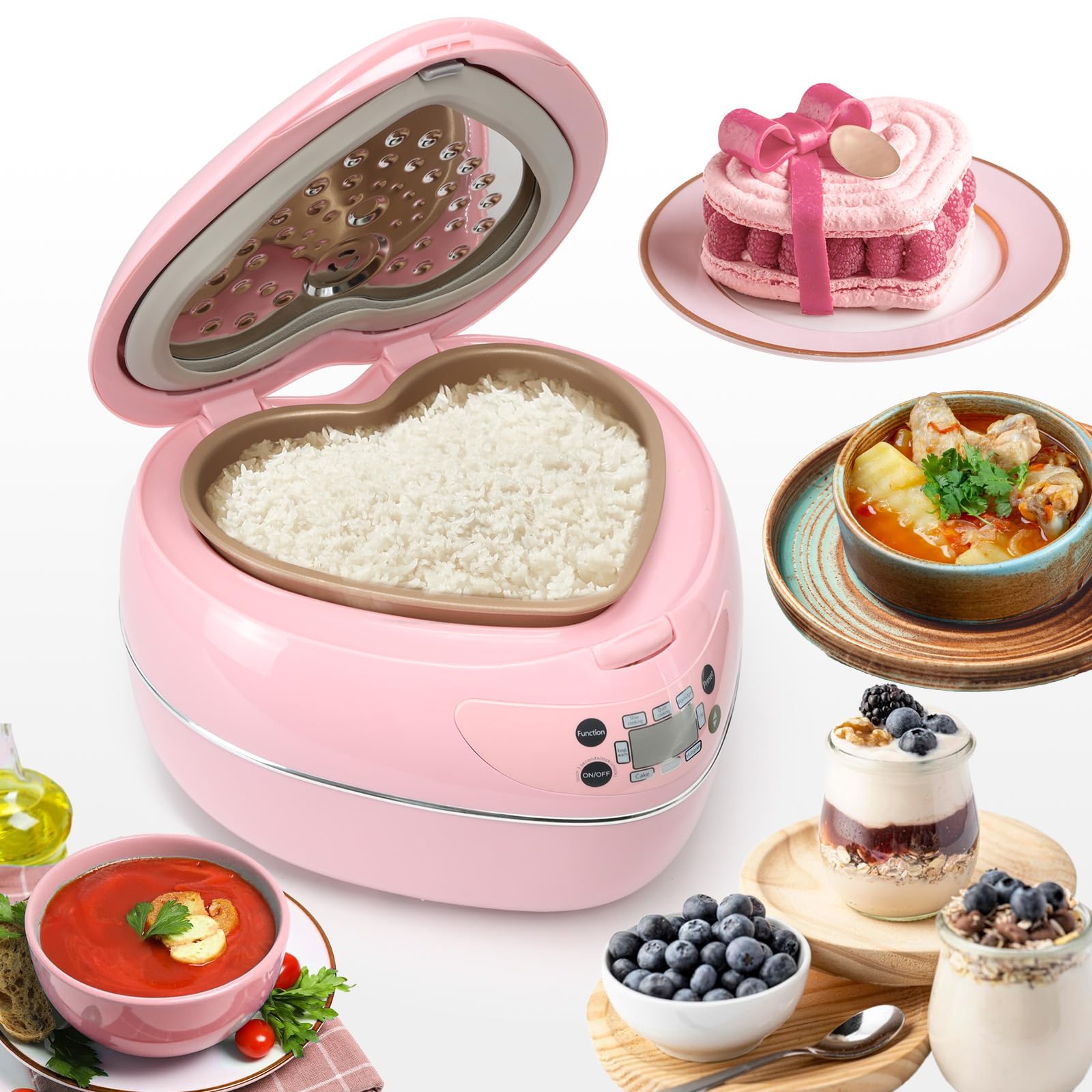 Photo 1 of Peach Heart Shape Rice Cooker 8 Cup Cooked, 4 Cup Uncooked Rice, Multifunctional Pink Rice Cooker, 300w, with Preset Timer, 1.8L