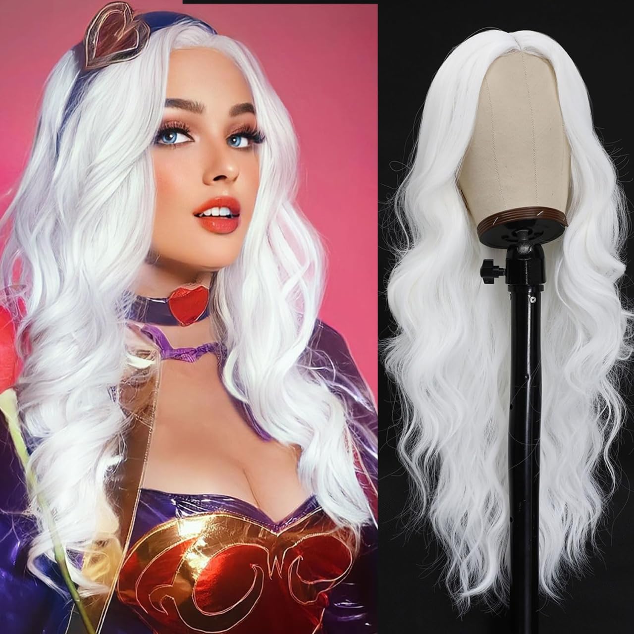 PORSMEER Long White Wigs for Women Natural Wavy Curly Synthetic Hair Wig for Costume Cosplay Party or Daily Wear 24 inches Platinum Blonde