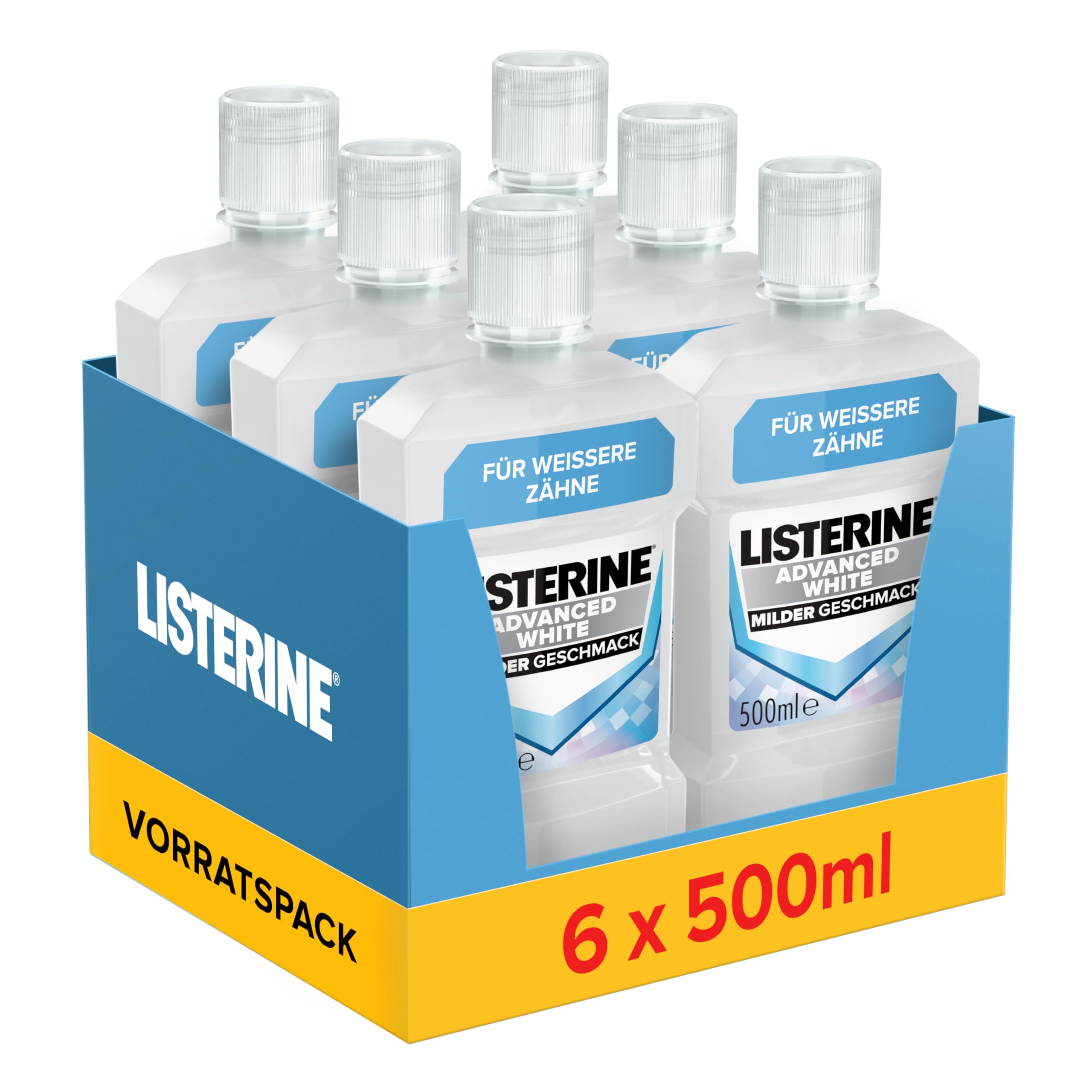 Listerine Advanced White Milder Geschmack 6x500 ml, Mundspülung zur Entfernung hartnäckiger
