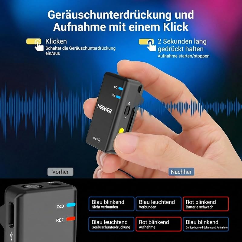 CM28 Drahtloses Lavalier Mikrofon, intelligentes Lav Mic mit Geräuschunterdrückung, 48 kHz/16 Bit, 200m Reichweite, 4GB, für iPhone Android Kamera, 1 Empfänger + 2 Sender + Ladecase