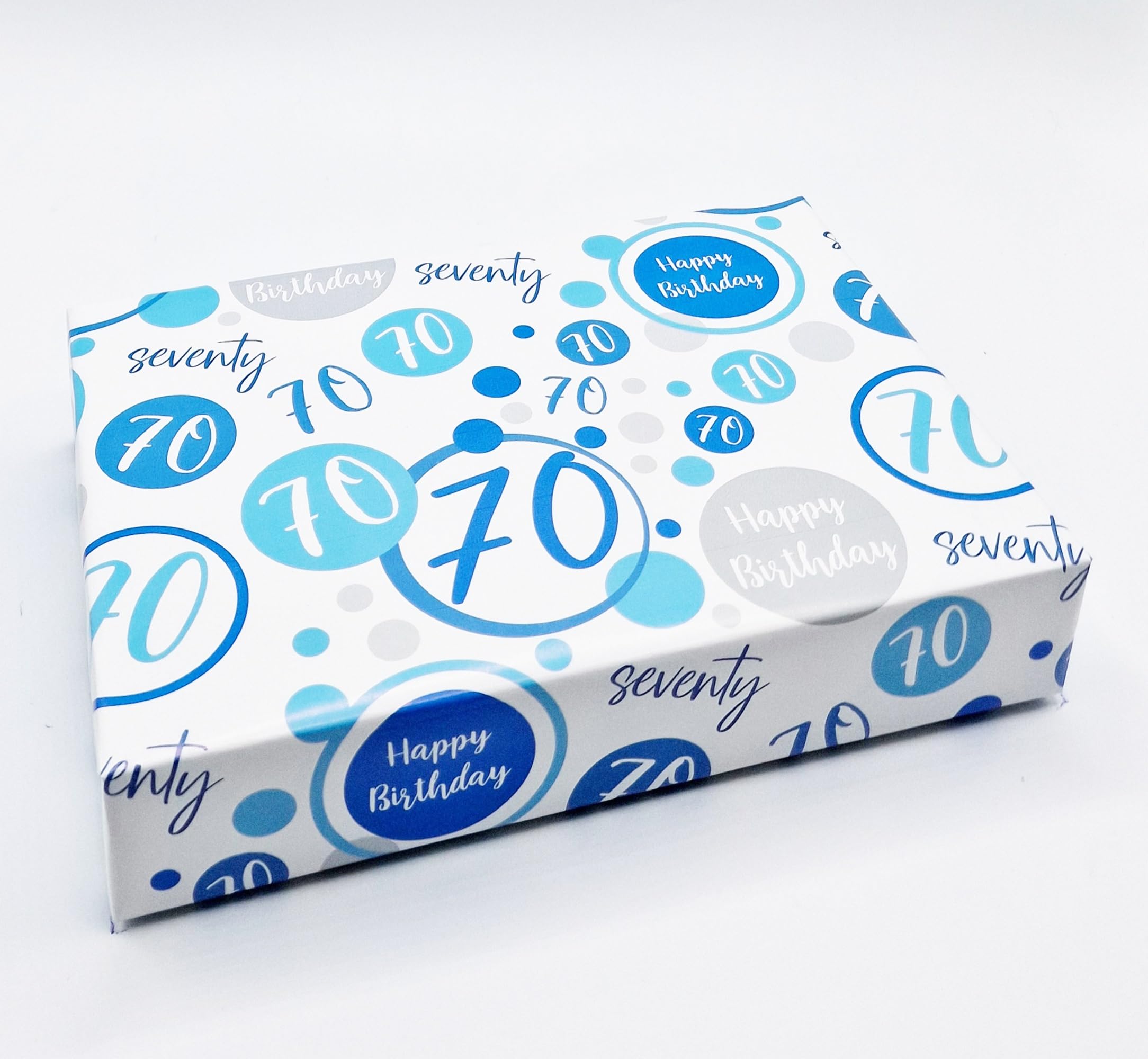 2 Sheets + 2 Matching Gift Tags 70th Birthday Man Wrapping Paper Age 70 Birthday Blue White Giftwrap Male (PA)