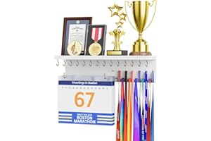 DSVENROLY Bib and Medal Hanger Display for Wall, Upgrade Wooden Cheer Race Medal Holder for Running Gymnastics Sports, Trophy Shelf Organizer Wall Mount, 29 Hooks and 30 Race Bibs(White)