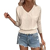 Eyelet Tops for Women Summer V Neck Short Sleeve Shirts Fashion Smocked Waist Crop Tops Casual Plain T Shirts 2026