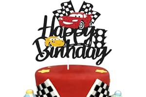 VIKIWIIN Car Cake Topper Race Car Cake Decorations for Racing Car Checkered Flag Themed Kids Boy Girl Happy Birthday Party Supplies Double Sided