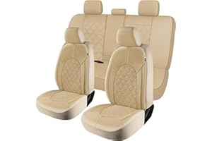 CAROMOP Luxury PU Leather Car Seat Covers Full Set-Waterproof Seat Protectors with Split Bench Seat Covers for Cars-Universal Cars Interior Covers for Sedans, SUVs, Pick-up Trucks(Beige/Beige Line)