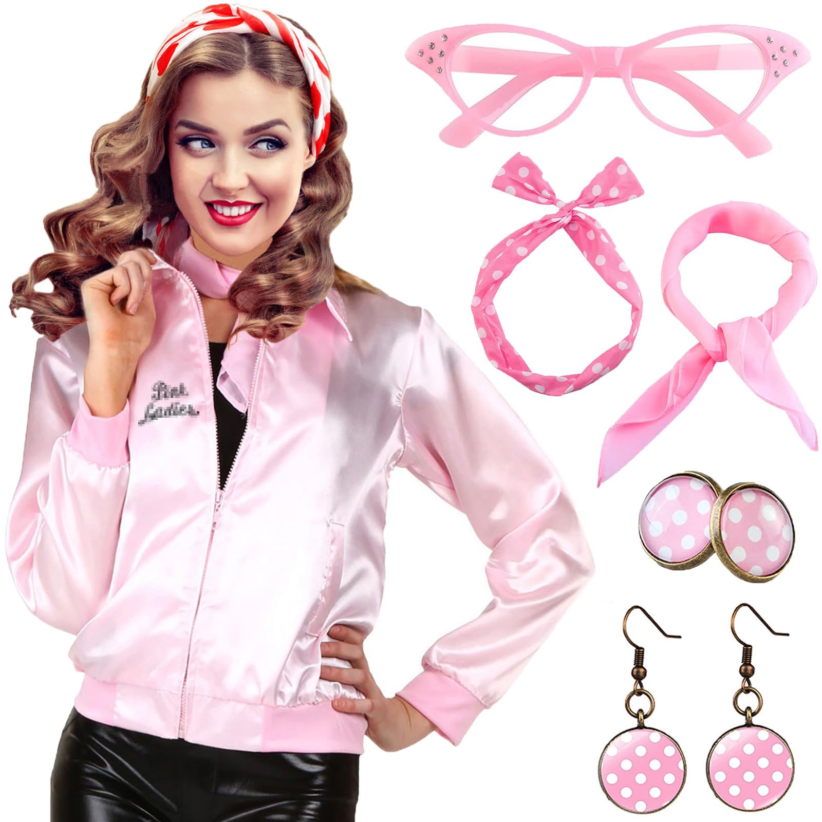 YADODO Pink Jacket Grease Outfits Pink Fancy Dress Grease Costume Pink Lady Jackets Grease Adults with 1950s Accessories 50s Neck Scarf 1950s Fancy Dress for Halloween Costume (L)