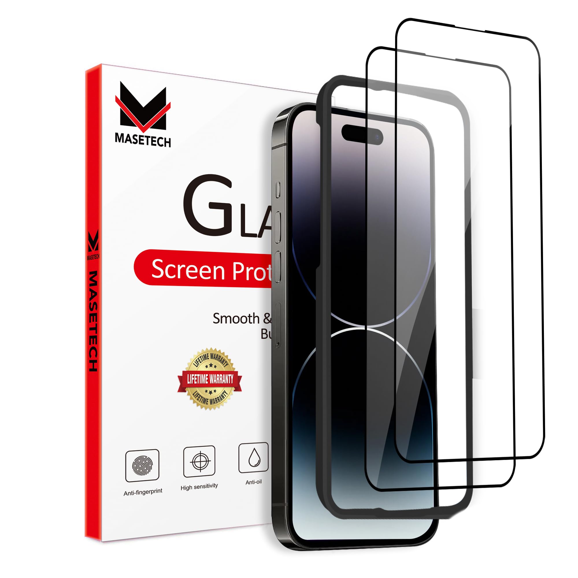 Photo 1 of MASETECH For iPhone 14 Pro Max Screen Protector Tempered Glass [Black Edge] Compatible with Apple Dynamic Island (2 Pack)