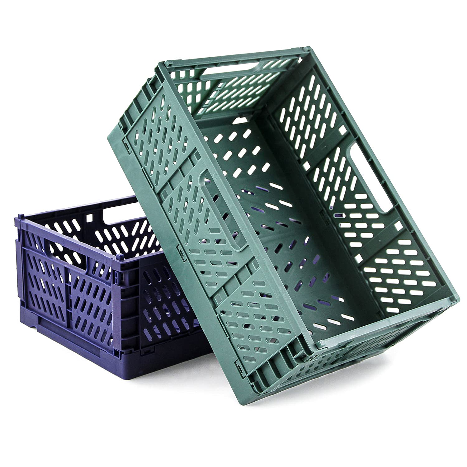 Spesh 2 Pcs Collapsible Crates Storage Boxes Stackable Storage Baskets Plastic Folding Crate Boxes with Handles for Kitchen,Living Room,Office(30*20*12cm,Blue+Dark Green)
