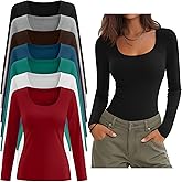 Sweetyweee 7 Pack Women's Long Sleeve Shirts Multipack Scoop Neck Tops Slim Fit Undershirt Basic Layer Winter