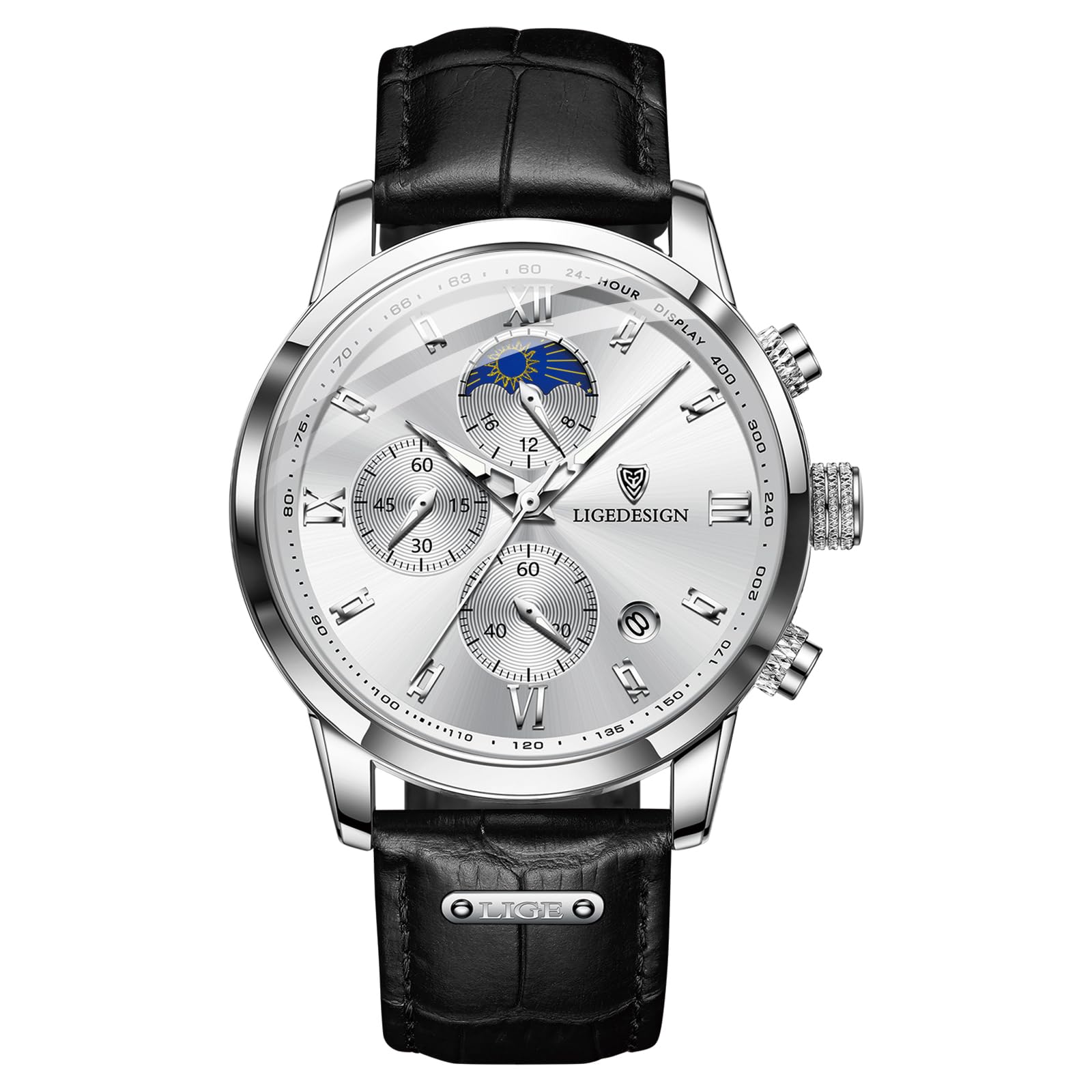 LIGE Men Watches | Waterproof Wrist Analogue Gents Chronograph Vintage Mens Watch Retro 30M Waterproof Leather Luminous Analog Quartz with Date & Moon Phase Display Men's Gift,Black White