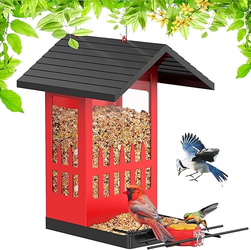 Metal Bird Feeder for Outdoors Hanging,2-in-1 Wild Bird Seed Hummingbird Feeder,3.4L Weatherproof Large Capacity,Wild Bird Feeders for Outside Finch,Cardinal,Blue Jay