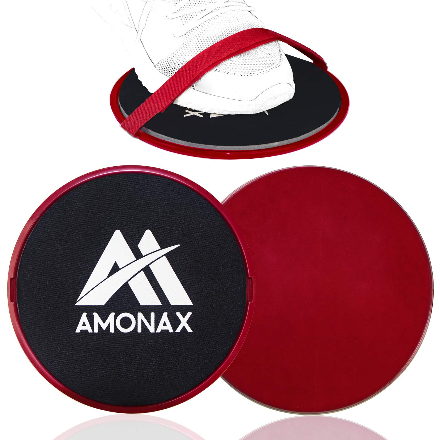 Amonax Core Sliders, Double Sided Gliding Discs with Straps. Ab Gliders for Core Exercise Fitness at Gym & Home, Dual Side Slider Strength Glider Pairs for Carpet, Wood, Tiled Floor Red