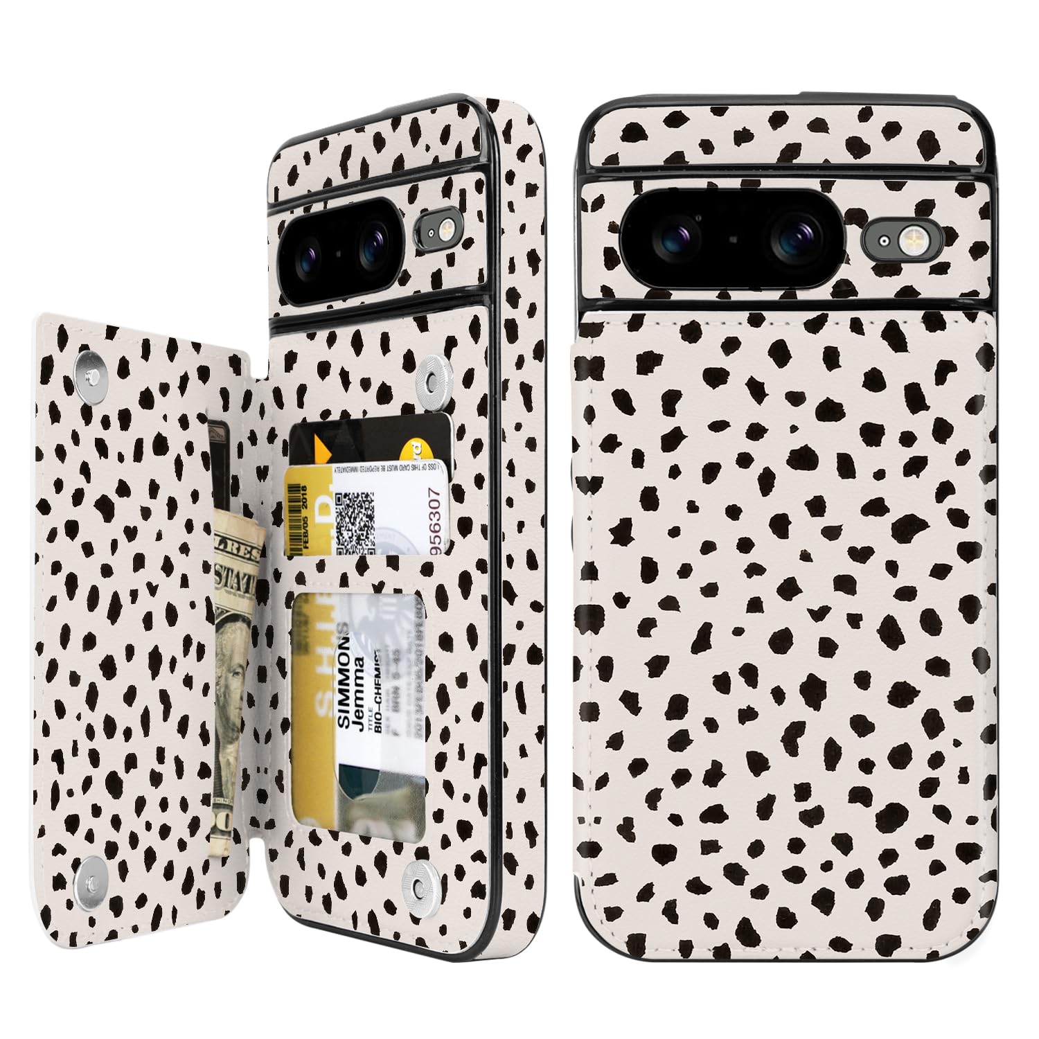 uCOLOR Compatible with Google Pixel 8 Wallet Case with Card Holder Slot Folio Flip PU Leather Cover for Women Girls (Almond Latte Polka Dot, for Google Pixel 8 6.2")
