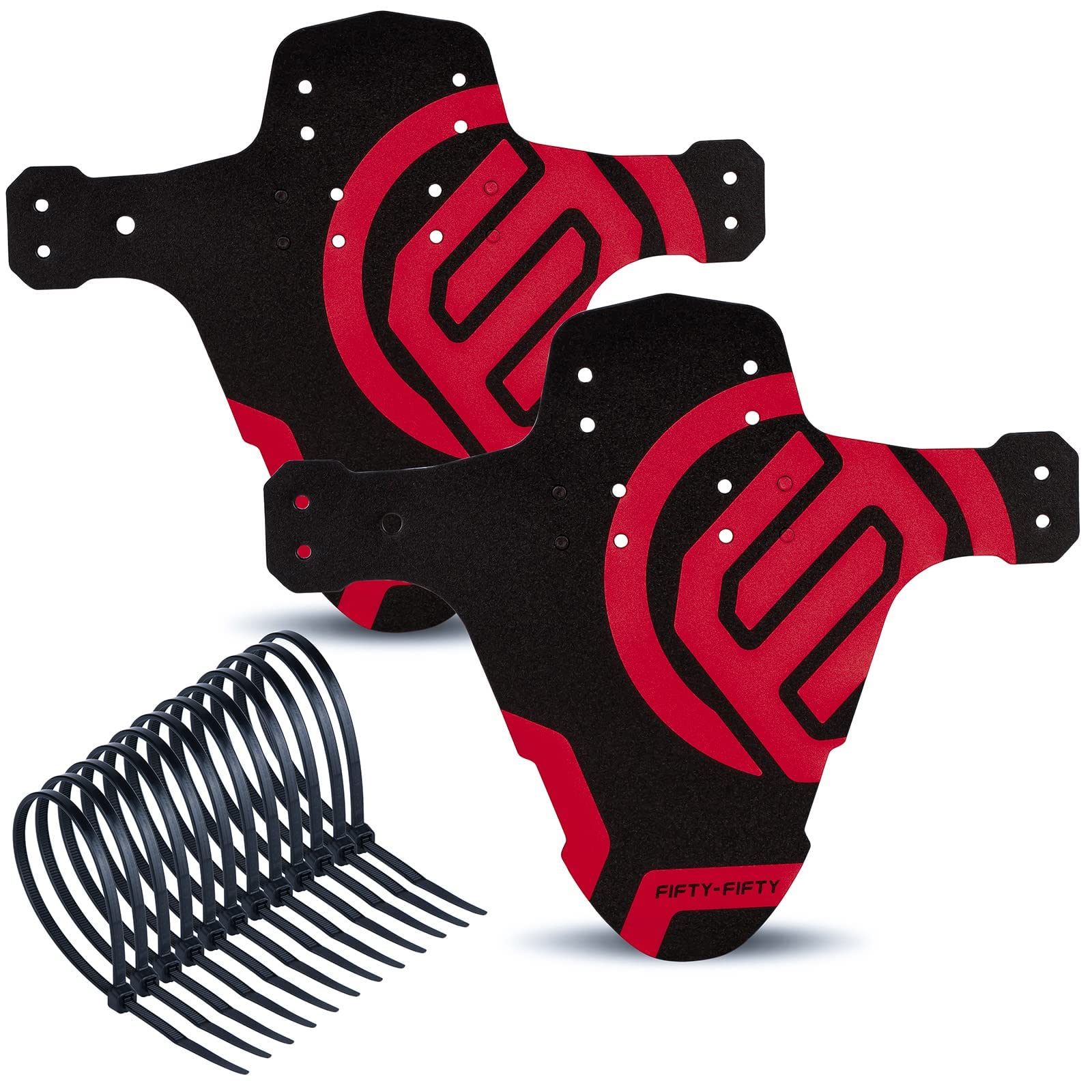 FIFTY-FIFTY 2-Pack Mountain Bike Fender, MTB Mudguard, Front and Rear Compatible Bicycle Mudguard, Fits 26", 27.5", 29", Plus Size and Fat Bike Wheel Sizes (Red)