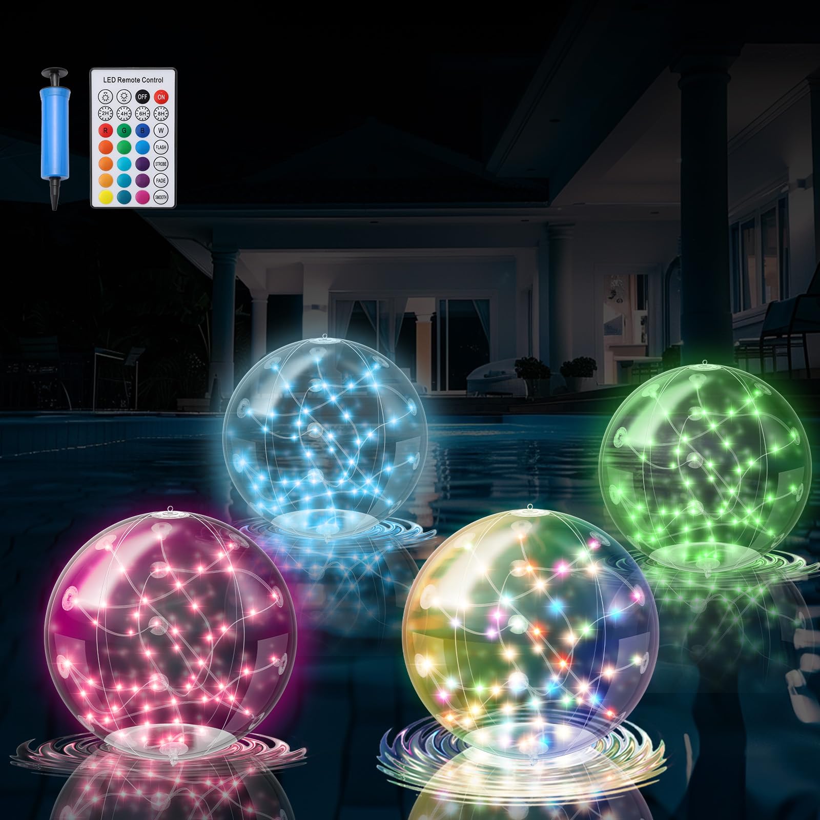 Photo 1 of Solar Pool Lights, 4 Pcs 14.5" Floating Balls IP67 Waterproof Inflatable Solar Powered Lights, Timer 16 Colour with Remote Control for Pool Snowy Beach Yard Wedding Party Night Decor