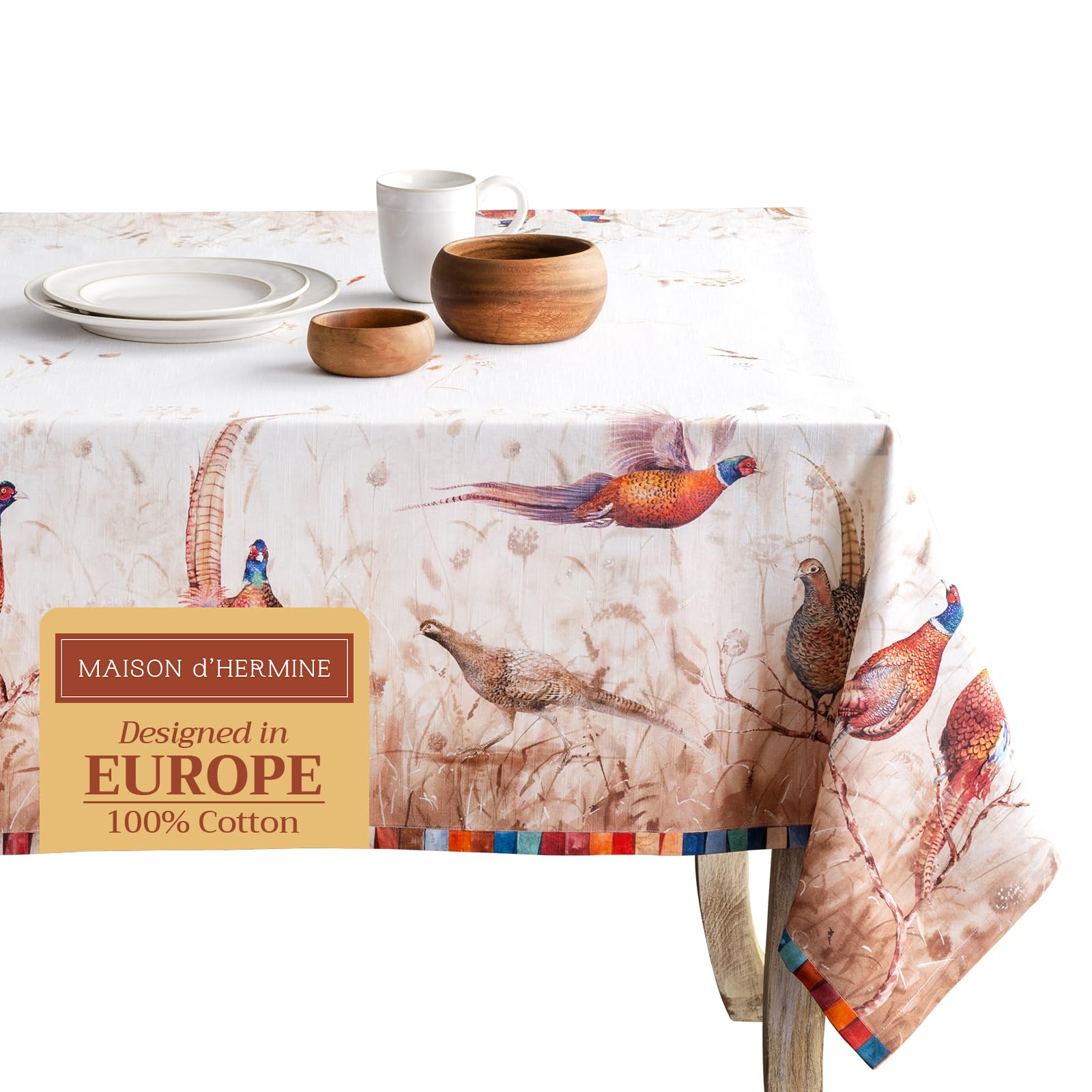 Maison d' Hermine Table Cloth Rectangle Table 100% Cotton 180 cm x 140 cm Tablecloth Reusable Everyday Use for Christmas Decorations Dining Farmhouse Home Party Festive (Faisan D'Automne)