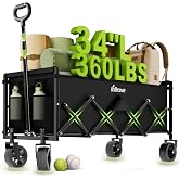 InBrave 34" Extra Long Collapsible Wagon Cart, 360LBS Capacity, Black | Foldable Utility Cart with Wheels, Heavy-Duty, for Shopping/Grocery/Garden/Sports/Camping, 130L Storage, 600D Oxford