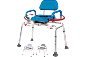 Carousel Sliding Transfer Bench with Swivel Seat. Premium Padded Bath and Shower Chair with Pivoting Arms. Space Saving Desig