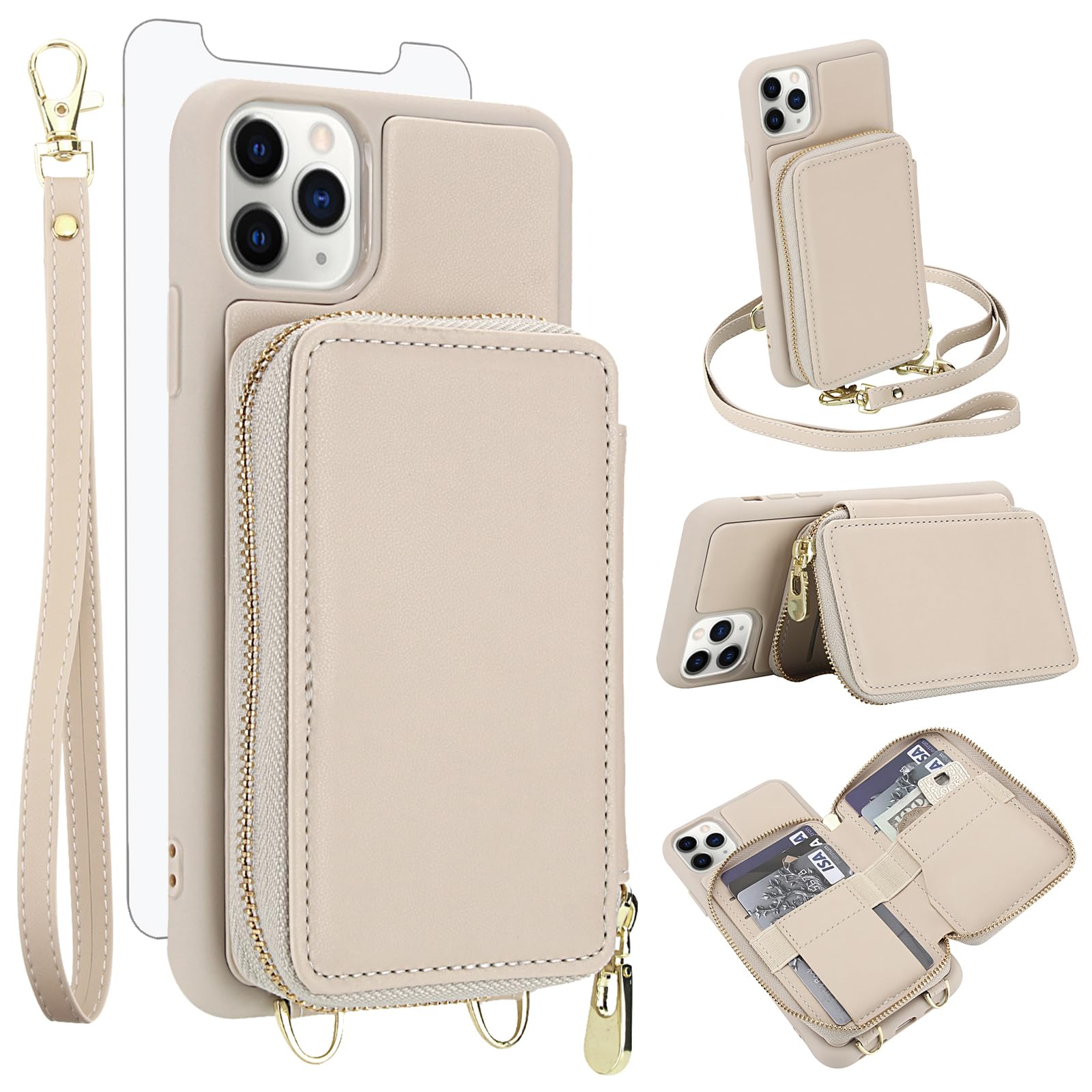 Phone Case for iPhone 11 Pro Max 6.5 Wallet Cell Cover with Tempered Glass Screen Protector Crossbody Strap Lanyard RFID Blocking Credit Card Holder iPhone11 11pro Promax i XI Plus Women Girls Beige