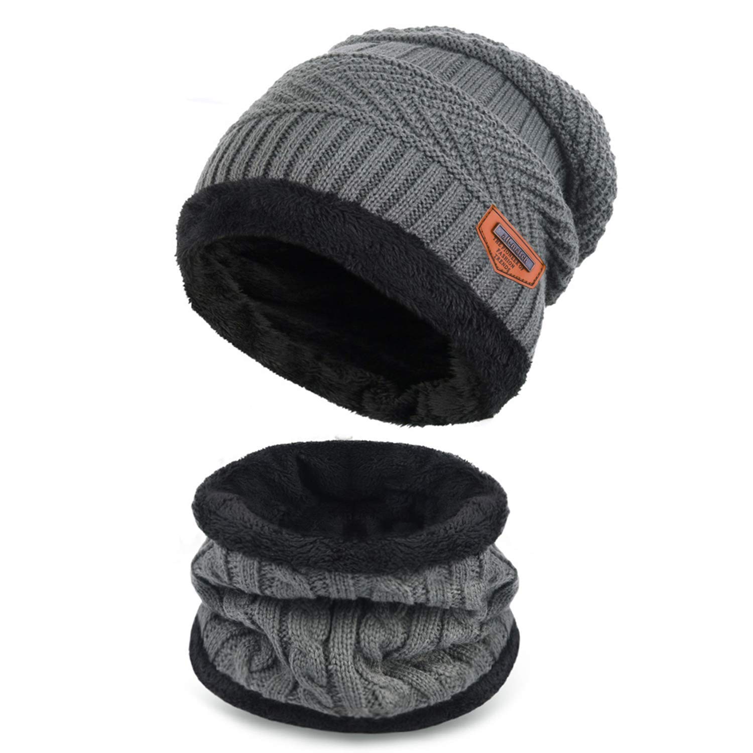Malaxlx Kids Winter Grey Beanie Hat Circle Scarf Set Thick Warm Knitted Hat Fleece Lined Slouchy Ski Skull Cap Neck Warmer for 5-14 Years Boys Girls