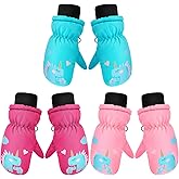 3 Pairs Kids Ski Mitten Toddler Winter Waterproof Snow Gloves Unisex Cold Weather Warm Mitten for Girls Children Boys Skiing Snowboarding