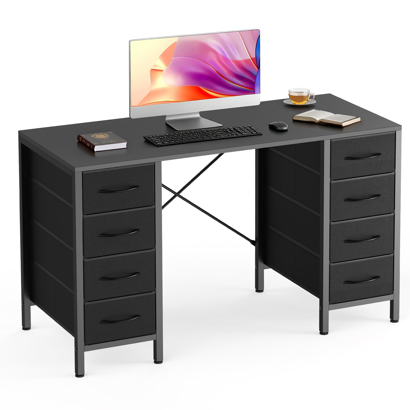 Sweetcrispy Computer Gaming Desk with 8 Storage Fabric Drawers, 47 Inch Home Office Bedroom Desk with Sturdy X-Frame, Modern Writing Study Work Table with Adjustable Feet, Black Image