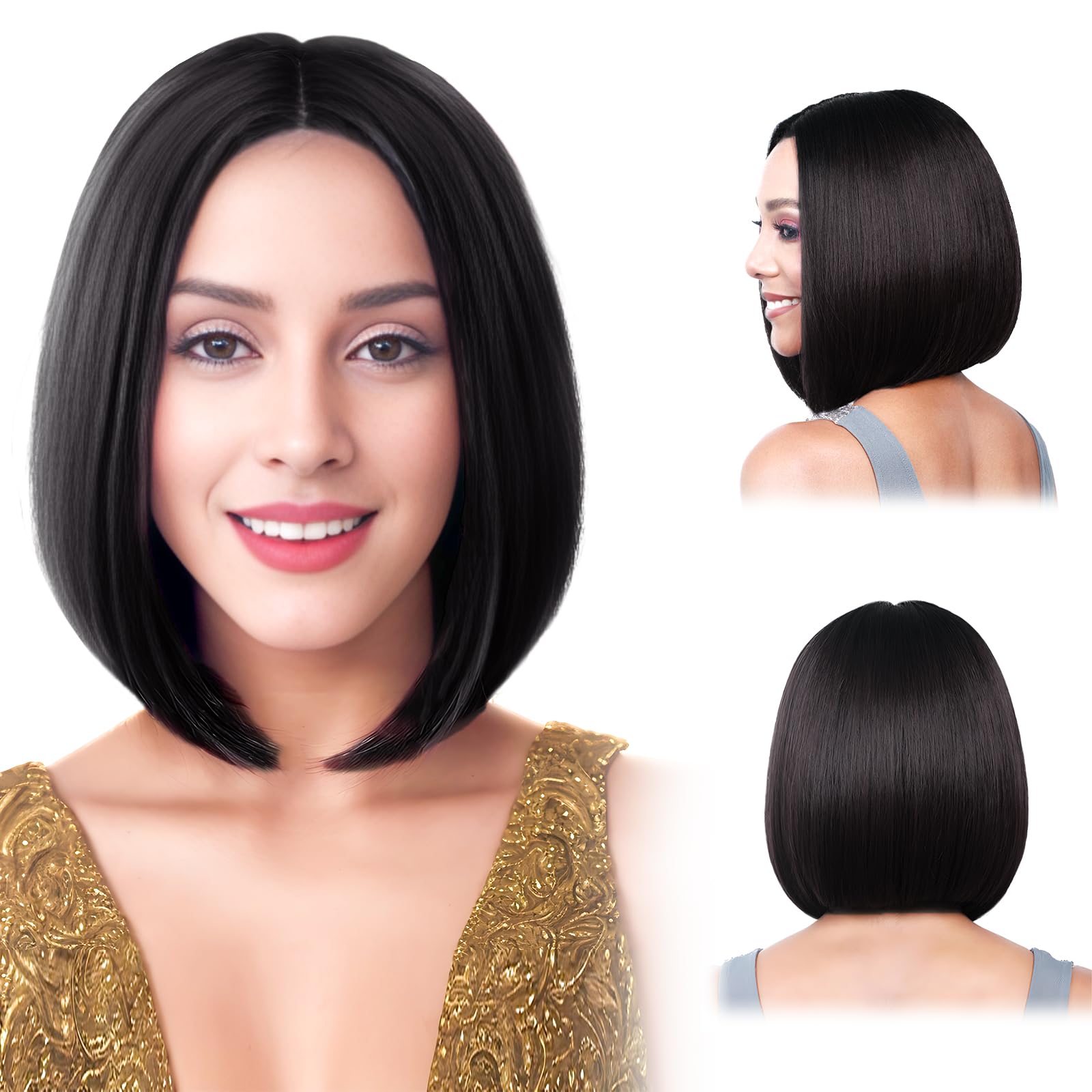 UICCVOKK Short Black Bob Wig, Heat Resistant Synthetic Fiber Black, Size 48-60cm/18.8-23.6 inches (Head Circumference), 25cm/9.8 inches (Length), Women Girls Daily Halloween Christmas Parties Cosplay