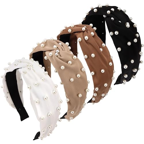KEUKORZ 4Pcs Top Knotted Headbands - Non-Slip Wide Hairband for Women - Pearl Brown Fashion Accessories for Thick Hair with Pearl Decoration (4Colors)