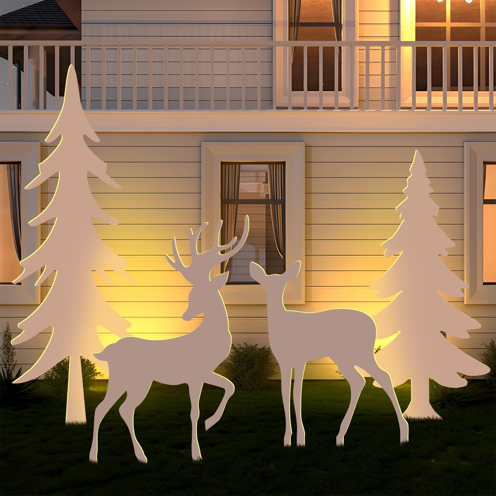 Photo 1 of Memorywuu 4 Pcs Outdoor 2D Christmas Tree Deer Family Silhouette Set Outdoor PVC Christmas Yard Decoration 2.5 ft/3.5 ft Deer 4 ft/ 5 ft Tree Weather-Resistant Yard Display for Holiday Decor, No LED