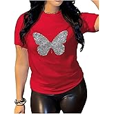 RoseSeek Women's Sequin Glitter Butterfly Graphic Tees Short Sleeve Crewneck T Shirt Casual Y2K Tops
