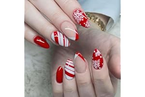 MUAGORN Christmas Press On Nails Almond Medium, 24Pcs Christmas Fake Nails Red Stipe Snowflake Designs Stick On Nails Christmas Nail Accessories Decorations for Women Girls (Stripe Snowflake Almond)