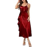 Women's Spaghetti Strap Midi Satin Silk Dresses Ruffle A Line Party Cocktail Evening Formal Dress