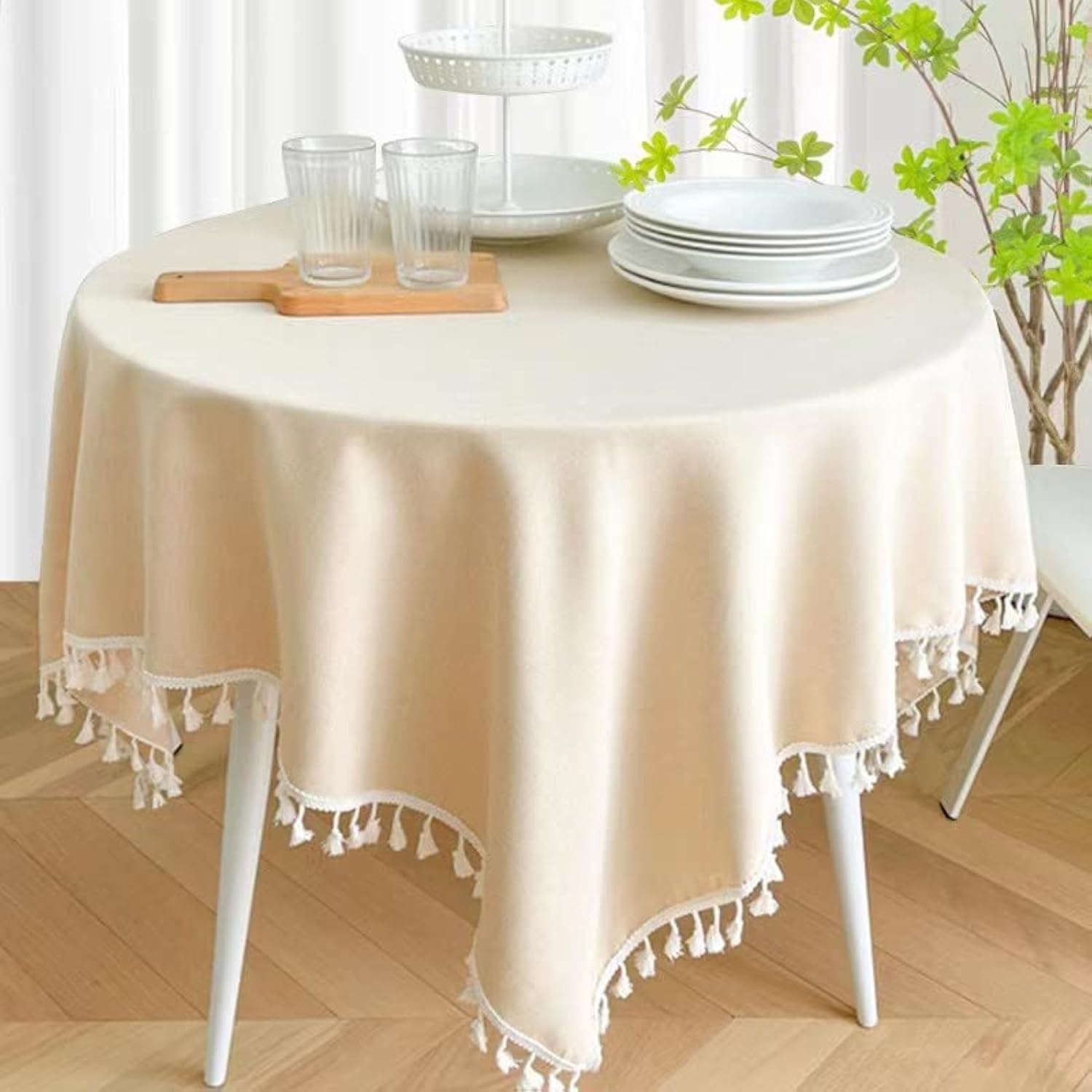 Kithing Rectangular table cloth，TPU coated Cloth art tablecloth，waterproof Tassel tablecloth Free water to wash，Kitchen dining room banquet Tabletop Decoration (beige, circular diameter 180cm)