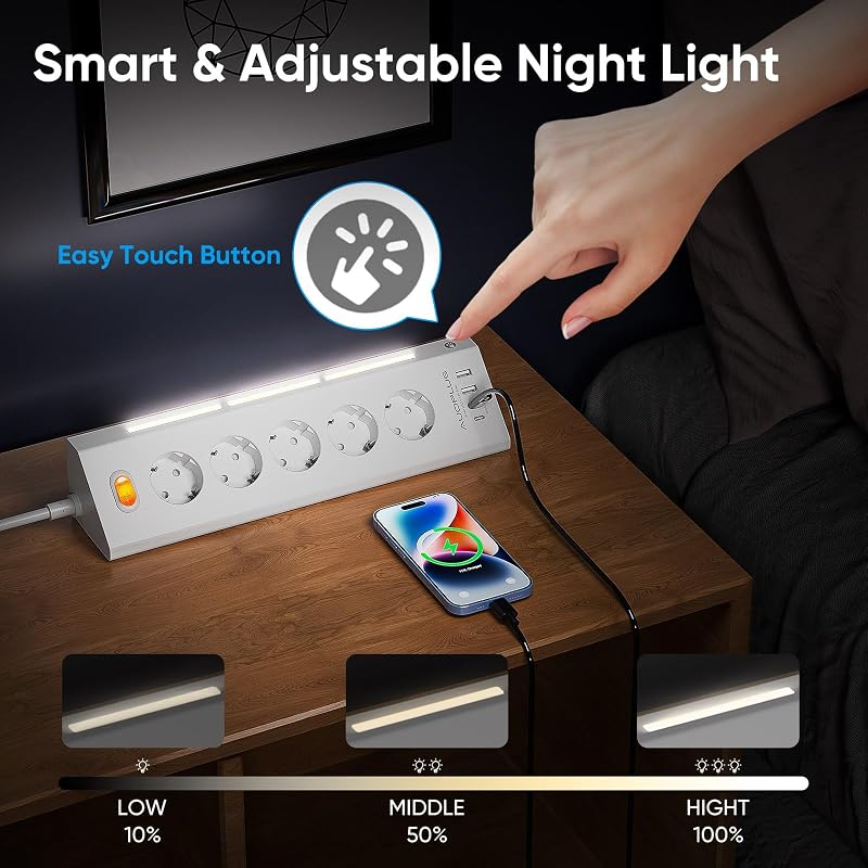 Multiprise avec 5 Prises et 4 Ports USB (2 USB A+2 USB C), Blanc — photo 6 sur 8